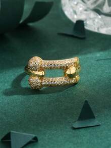 1枚高品质欧美立方氧化锆铜镀18K金圆形双层时尚戒指，女士礼物，日常佩戴 - 金黃色 - 查看 3