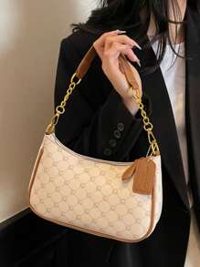 1 件女士纯色 PU 单肩包，适合工作通勤的多功能腋下包，可调节肩带斜挎链条包，腋下托特包带铝箔字母