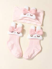 1 pieza Conjunto de diadema con orejas de conejo adorables y 1 pieza de calcetines antideslizantes para bebé para uso diario, ideal para el Día de San Valentín - Rosa Pálido - Ver 3