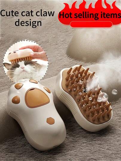 1pc Steam Cat Brush, 3-In-1 Electric Pet Grooming Tool, Portable Silicone Self-Cleaning Steam Brush, Suitable For Cats & Dogs, Comfortable Massage & Deshedding, Fur Care, Paw Print Styling, Random Coffee Color, Battery: 150mAh