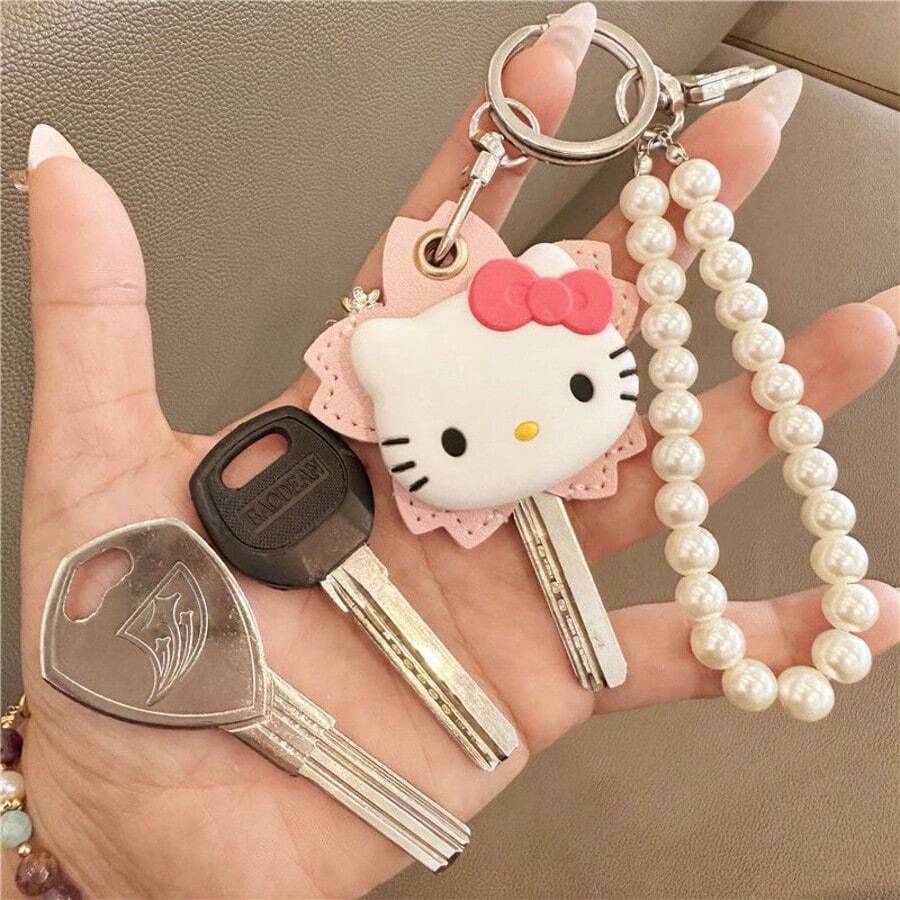 Sanrio Hello Kitty süßer Schlüsselanhänger von Sanrio, wassertropfensensitiv, wasserdichtes Design, Schutzabdeckung für Zugangskarten, geeignet für jeden Schlüsseltyp, kommt mit Schlüsselschutzbeutel, hochwertig schöner Katzenstil, geeignet als Geschenk für Liebhaber oder Familie, eine kleine Überraschung für sie, Schulbedarf, mit bestickten Sanrio Anime Aufklebern [Rückkehr zur Schule Saison] [Halloween]