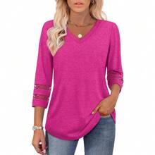 XIEERDUO 3/4 Length Sleeve Womens Tops Dressy Casual Blouses For Women 2025  V Neck T Shirts Summer Clothes - 玫紅色 - 查看 2
