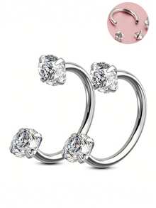 2pcs C-Shape Zirconia Studded Lip Ring, Horseshoe Ring, Nose Septum, Earrings, 16G Stainless Steel Piercing Jewelry, Suitable For Daily Wear