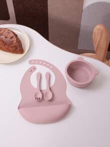 PopLittleOne 4PCS Baby Silicone Dinner Set Adjustable Bib Cartoon Bear Bowl Solid Color Spoon Fork Feeding Learning Baby Tableware - Multicolor - View 7