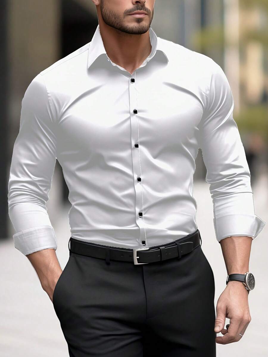 Men's Fashion Casual Business Commute Stand Collar Solid Color Button Long Sleeve Shirt, Men's Formal Slim Fit Shirt, Men's Solid Color Shirt. Suitable For Daily Wear, Work Commute, Outings, Gatherings. Can Be Paired With Suit Pants Or Suits For Parties, Weddings, Honeymoons. Can Be Given As A Gift To Son, Husband, Boyfriend, Father, Fall