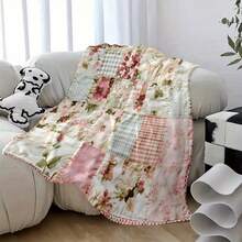 1 件复古花卉拼布被子毯 - 柔软法兰绒四季舒适盖毯，适用于床、沙发、露营和旅行 - 淡粉色、绿色、蓝色、米色家居装饰礼物 - 彩色 - 查看 6