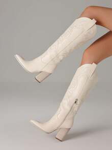 Knee High Cowboy Boots For Women Pointed Toe Chunky High Heels Pull-On Embroidered Boots Western Boots Wide Calf Cowgirl Boots - Màu be - Xem 4