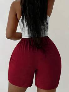 4-Pack Women'S Casual Elastic Waist Drawstring Shorts With Side Pockets - Solid Color Lounge Shorts For Spring Summer Fall, Machine Washable (Black/White/Red/Grey), Seasonal Clothing, Modern Design, Comfortable Fit - Trắng + Đen + Xám + Đỏ rượu - Xem 5