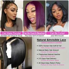 4x4 Lace Closure Bob Human Hair Wig With Side-Swept Bangs - 150% Density, Pre-Plucked Natural Hairline, Adjustable Fit, Curly/Styleable, Soft & Comfortable For Men & Women, Special Occasion Wig | Sleek Black Wig - Natural Black - View 6