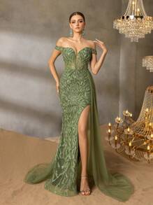 Faeriesty 高级奢华亮片串珠露肩鱼尾晚礼服 - 植物纹理和叶状串珠图案，高开衩设计搭配薄纱罩层，交叉露背设计，适合奢华派对、正式晚宴、红毯盛会等场合，尽显优雅气质。 - 橄欖綠 - 查看 4
