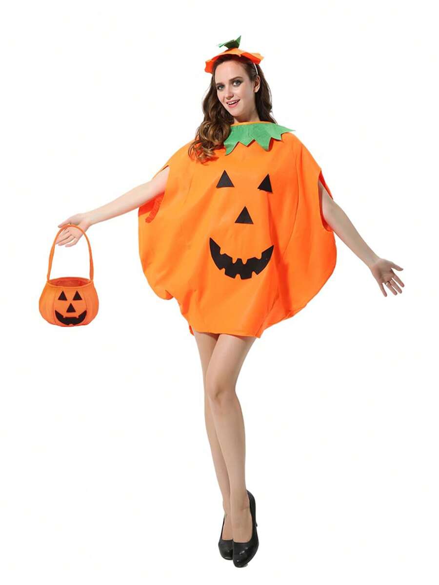 成人南瓜服装，3 件万圣节男女通用南瓜角色扮演派对服装，带帽子和包 - 彩色 - 查看 1