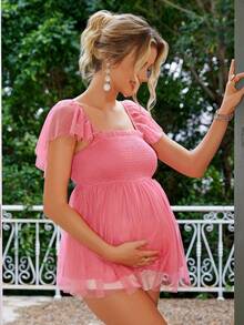 Joyfunear Maternity Ruched Hem Square Neck Blouse, Summer - Pink - View 4