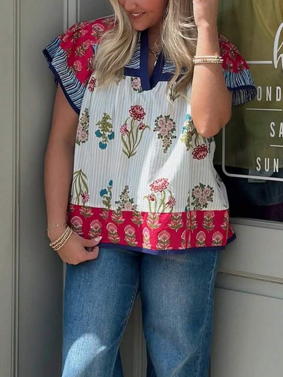 Women Y2K Floral Patchwork Fly Sleeve T Shirts V Neck Loose Fit Striped Trim Vest Shirts Summer Casual Going Out Tank Tops Party Streetwear - 紅白色 - 查看 1