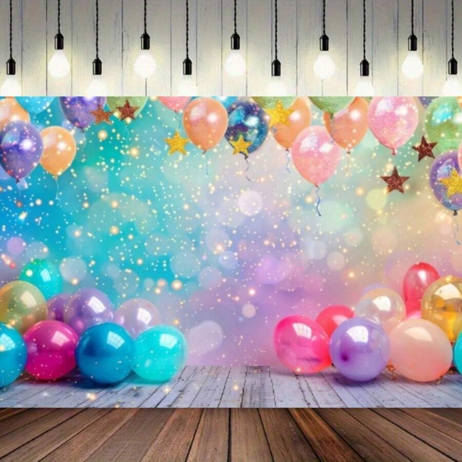 Multi Functional Birthday Party Background: Colorful Balloons And Sparkling Stars Design, Polyester Photography Background, Suitable For Celebrating And Baptismal Birthdays