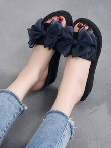 Women's Solid Color Sandals, Bowknot Decor Slip On Platform Beach Slides, Non-Slip Vacation Wedge Slides - Blue - View 3