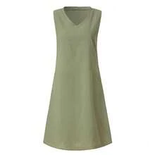 Vestido Longo Simples Sem Mangas de gola V para com colete, vestidos soltos sem mangas retrô de verão - Verde - Visão 8