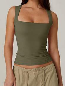 Women's Square Neck Tank Tops Sleeveless Solid Color Slim Fit Tank Tops Summer Shirts - 軍綠色 - 查看 5