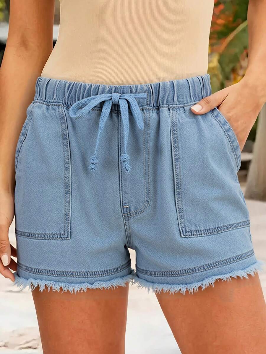 Women's Denim Shorts Summer High-Waisted Shorts Waist Drawstring Models Casual Non-Stretch Cotton Shorts - Light Wash - View 1