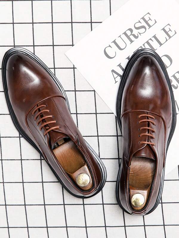 Men's British Style Casual Leather Lace-Up Dress Shoes, Elegant Black & Brown Derby Shoes Suitable For Office, Commuting, Daily Life