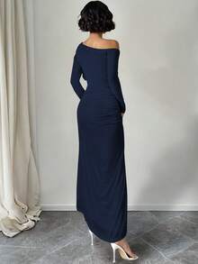 Ween Lady Sexy Slit Off Shoulder Dress - Navy Blue - View 4