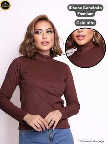 Kit 2 Blusas Feminina Gola Alta Manga Longa e Manga Curta Moda Elegante Ribana - Marrom - Visão 4