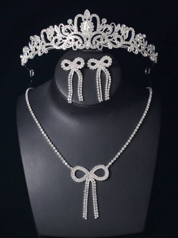 4pcs/Set Girls' Rhinestone Alloy Crown Necklace Earring Set, Luxury Party Dress Up Accessories, Suitable For Kids Stage Performance/Runway, Birthday Party Gift For Toddler & Big Kids
