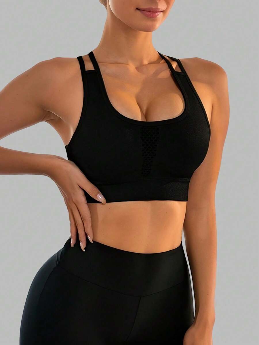 1 件女士镂空交叉带无缝运动胸罩
