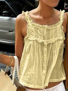 Women's Boho Lace Cami Tops Y2k Cute Vest Sleeveless Button Down Cardigan Crop Top Vacation Beach Tank Top Summer Buttons Sleeveless Shirt Basic Vest Aesthetic Clothes For Streetwear - 黃色 - 查看 2