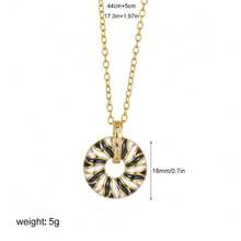 1pc 18K Gold Stainless Steel Chain With Copper Pendant, Striped Oil Drip Zirconia Black & White Oil Drip Circle Pendant Necklace - Necklace - View 5