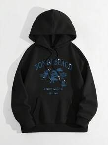 Love Joyy Shiny Rhinestone Pattern, Bondi Beach Coconut Trees And Surfing Pattern Solid Color Pullover Hoodie Loose Fit Dropped Shoulders With Pockets, Hot Rhinestone Craft Casual Summer Hooded Sweatshirt Fashion Clothing Daily Casual Wear