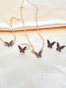 1 套白色蝴蝶珐琅项链，精致简约百搭时尚高端颈链，优雅珠宝套装 - 蝴蝶套裝 - 查看 7