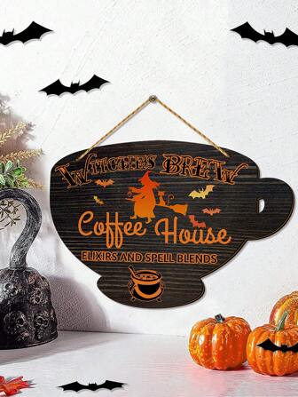 1 st/180 st Halloween-häxor brygger kaffehus trädörrskylt kaffebarskyltar köksdekor träplakettskylt rustik hängande skylt för hemkök café väggdörrdekor