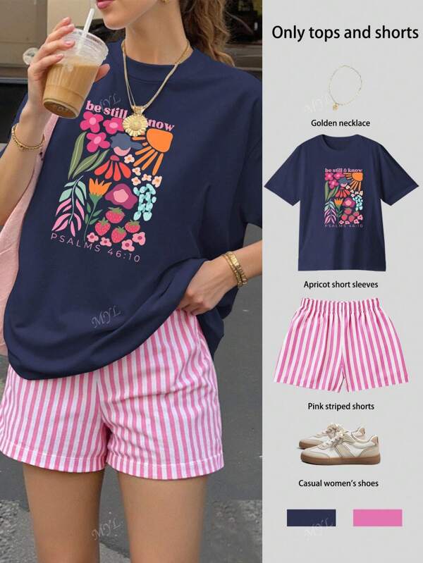 Oversized Sommer-Outfit-Set für Frauen mit bedruckten Kurzarm-Oberteilen und gestreiften Shorts, Sommer-Tops, Sommer-Hemden, lässige Damenbekleidung