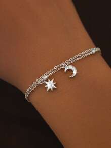 1 Peça Pulseira de Prata 925 com Estrela e Lua de Strass, Joias Minimalistas Românticas de Estrela e Lua, Acessórios de Design de Nicho, Adequados para Ir ao Trabalho, Encontros, Festas, Aniversário, Presente do Dia dos Namorados