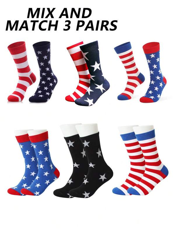 3 Pairs Random American Flag Mixed Print Socks, Patriotic Stars & Stripes Mid-Calf Socks, Unisex
