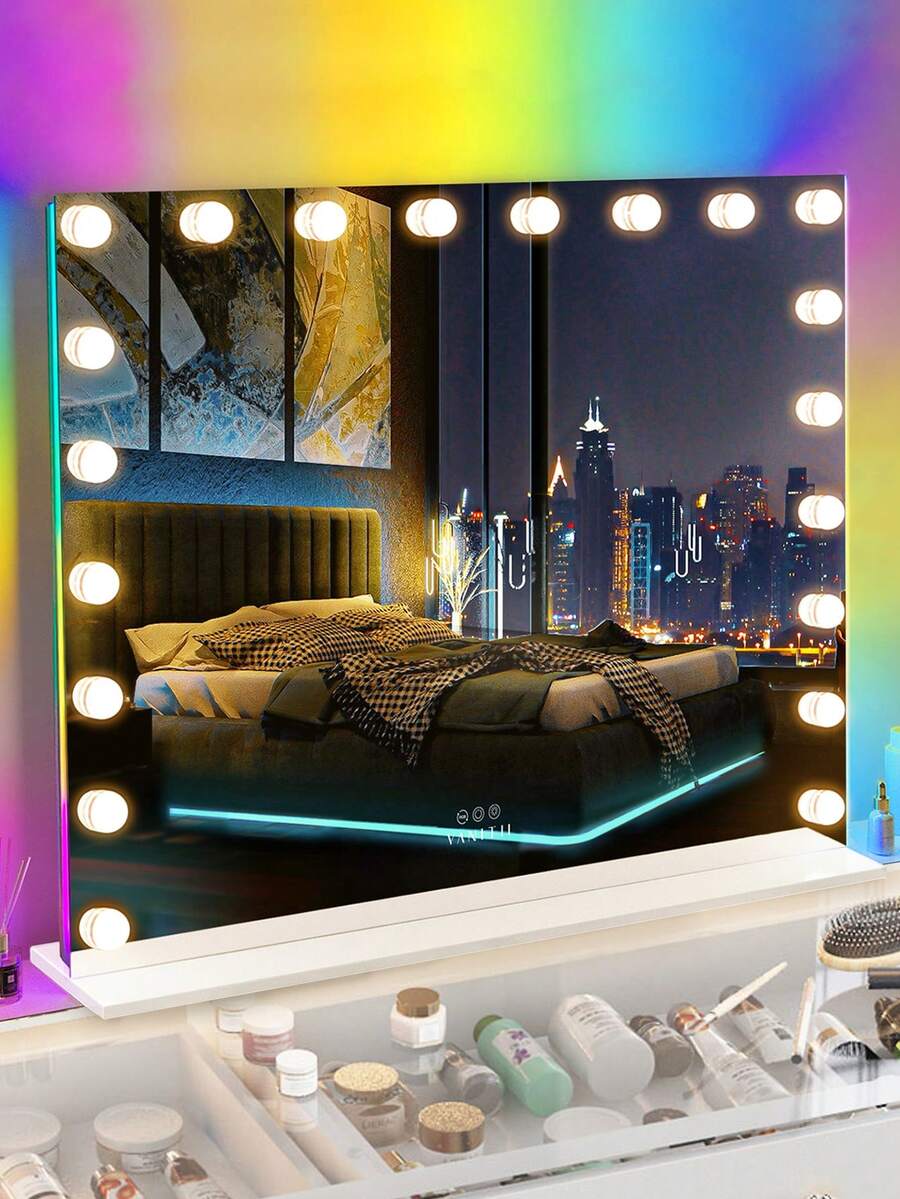 FENCHILIN 100cm X 80cm Large Vanity Mirror With 20 Bulbs Lights RGB Backlit Holly Wood Makeup Mirror With Dimmable 3 Lighting Modes Lighted Desktop Wall-Mount Mirror With Smart Touch  White - trắng - Xem 1