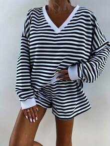 Spring And Summer Fashion Classic Stripes Comfortable Loose V-Neck Long-Sleeved Top Comfortable Shorts Casual Fashion Casual Suit - 黑色 - 查看 3