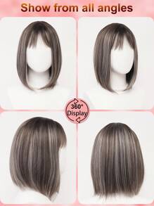 XYUNMI Fashion Ombre Brown Long Straight Bob With Bangs 16 Inch Highlight Blonde Wig Lightweight Breathable Women's Heat Resistant Synthetic Wig Suitable For Daily Wear Party Role Playing Photoshoot Beautiful Natural Lively Cute Short Hair