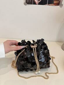 1 Pc Fashionable Sequin Embellished Women's Clutch Bag With Metallic Chain, Shoulder Bag For Ladies, Summer Party And Holiday Gift, High-Rated Brand Handbag