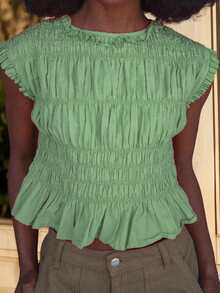 Women Y2k Solid Color Tank Tops Boat Neck Frill Ruched Ruffle Hem Shirts Summer Sleeveless Smocked Vest - 綠色 - 查看 2