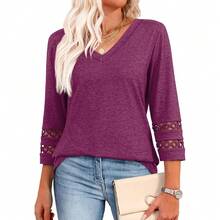 XIEERDUO 3/4 Length Sleeve Womens Tops Dressy Casual Blouses For Women 2025  V Neck T Shirts Summer Clothes - 紫紅色 - 查看 1