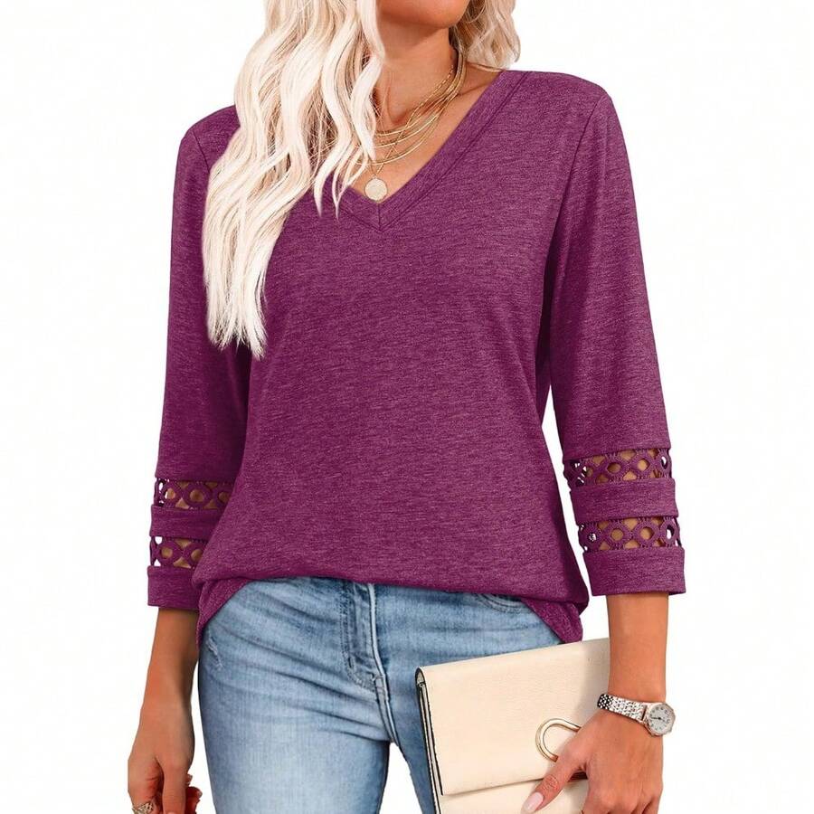 XIEERDUO 3/4 Length Sleeve Womens Tops Dressy Casual Blouses For Women 2025 V Neck T Shirts Summer Clothes - 紫紅色 - 查看 1