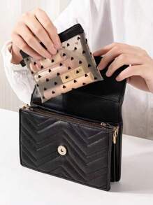 1 pieza Mini bolsa de maquillaje con forma de corazón y malla, estuche portátil multiuso transparente con felpa para lápices labiales