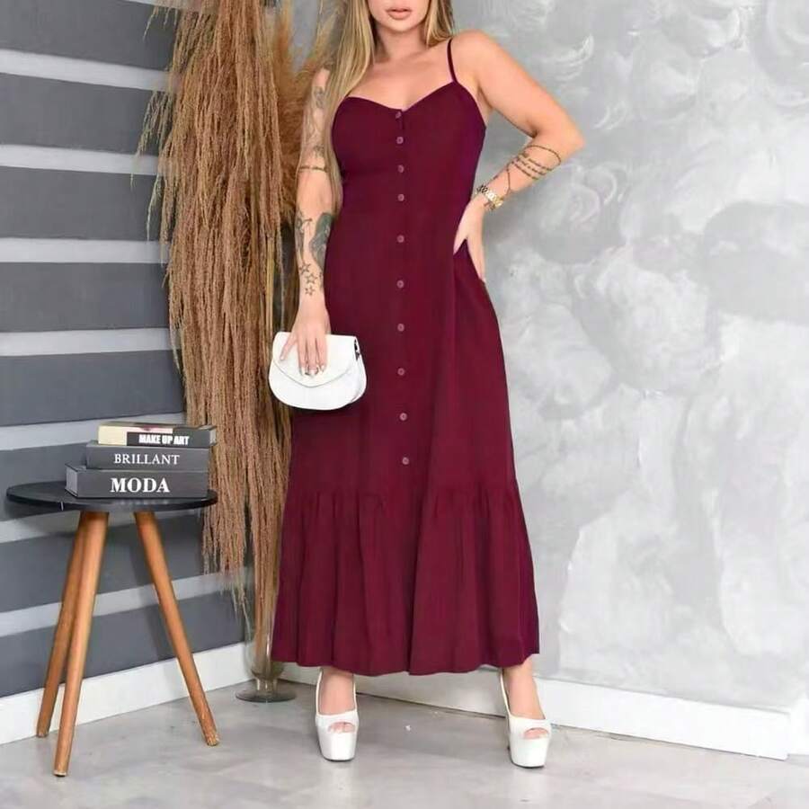 Long Crepe Dress With Padded Cups And Buttons H-1 - Burgundy - View 1