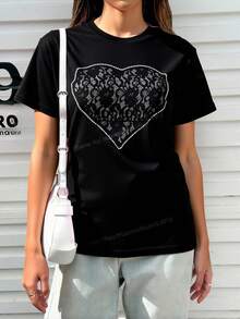 La camiseta de mujer es casual y versátil con brillo de diamantes de imitación. - Negro - Ver 4