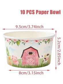10pcs 8oz Pink Farm Animal Pattern Disposable Paper Bowls, Ice Cream Cups, Popcorn Boxes, Food Containers, Suitable For Home Kitchen, Restaurant Takeout, Picnic Party, Kitchen Supplies, Food Packaging, Farm Animal Theme Birthday Party Tableware, Food Delivery And Daily Use, Food Trays, Disposable Tableware - Pink House Farm Animals - View 4