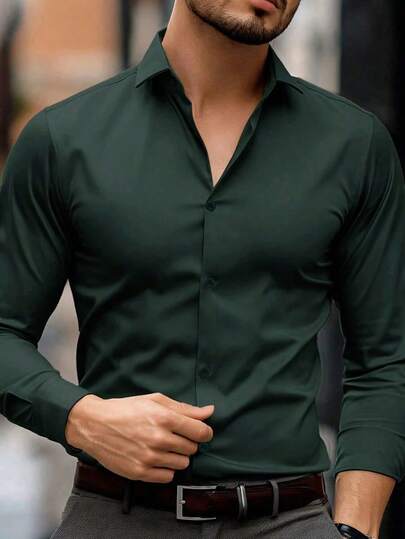 Camisa de Manga Longa Casuais e Negócios Cor Sólida para Homens, Primavera Verão Estilo Casual Masculino Premium
