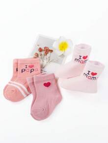 6 双印有“我爱爸爸，我爱妈妈”字母和心形图案的女婴袜子，条纹可爱心形粉色主题，必备礼物，可爱款式适合春夏季，薄款中筒袜长度 - 彩色 - 查看 4