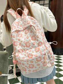 花卉印花防水侧抽绳多口袋实用背包，学院风学生书包，配有心形编织吊坠，适合学校、学习、街头、旅行，花卉图案随机印花