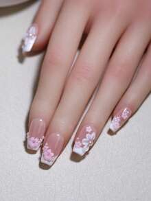 100%纯手工制作的3D立体手工雕刻花卉美甲贴片，裸色和白色可选，10片装，棺材形短款法式美甲贴片，可重复使用，DIY美甲，四季皆宜，日常美甲用品，手工美甲贴片 - 粉色 - 查看 4